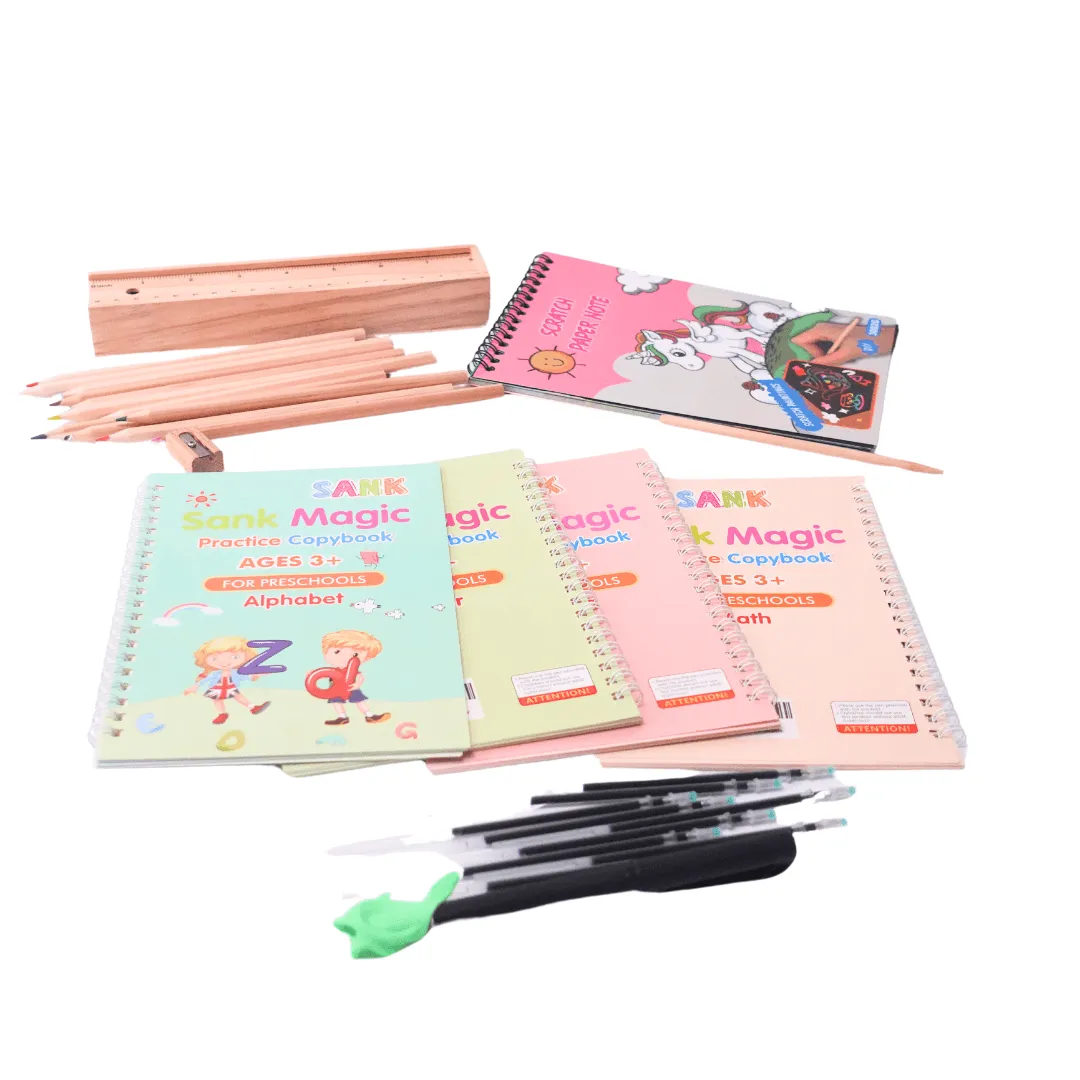 3 in 1 Combo of Wooden colour Pencil Box, Unicorn Scratch, Magic Practise Copybook with refills