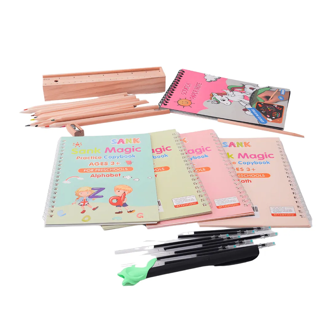 3 in 1 Combo of Wooden colour Pencil Box, Unicorn Scratch, Magic Practise Copybook with refills