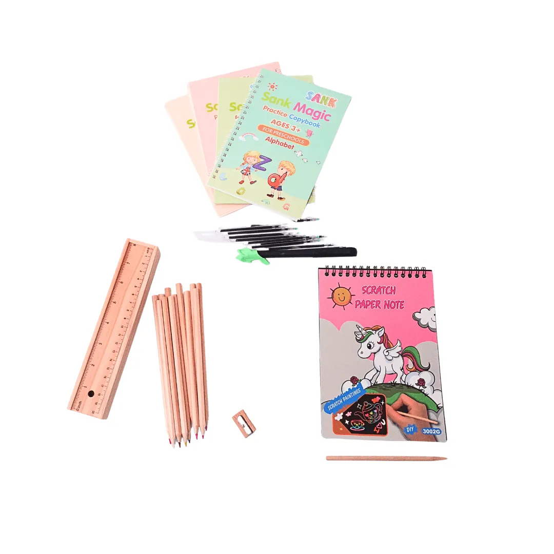 3 in 1 Combo of Wooden colour Pencil Box, Unicorn Scratch, Magic Practise Copybook with refills