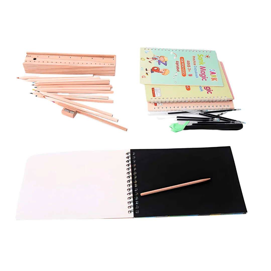 3 in 1 Combo of Wooden colour Pencil Box, Unicorn Scratch, Magic Practise Copybook with refills
