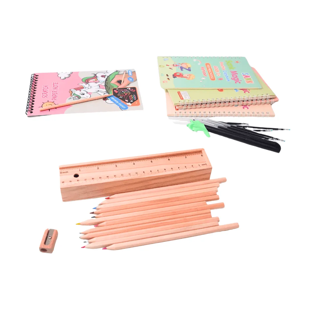 3 in 1 Combo of Wooden colour Pencil Box, Unicorn Scratch, Magic Practise Copybook with refills