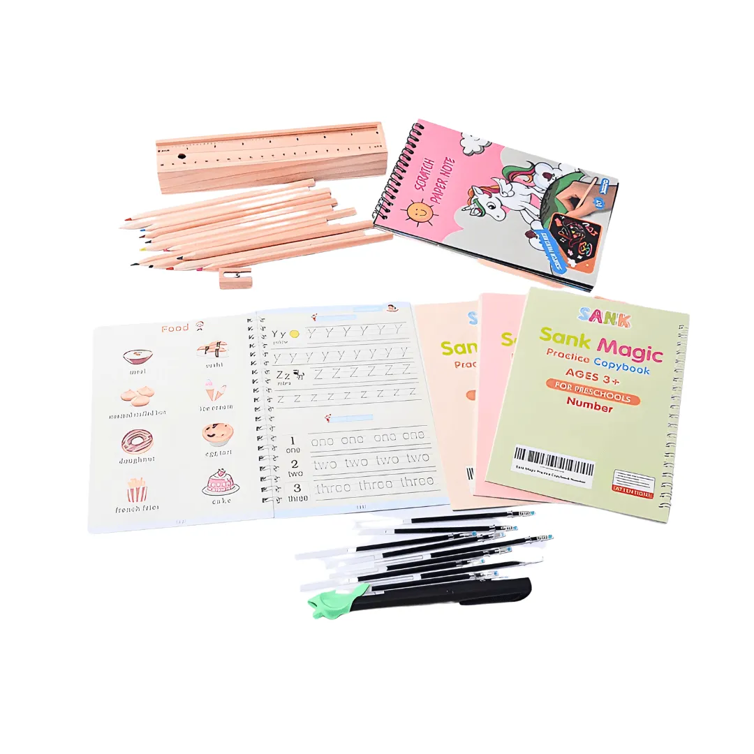 3 in 1 Combo of Wooden colour Pencil Box, Unicorn Scratch, Magic Practise Copybook with refills