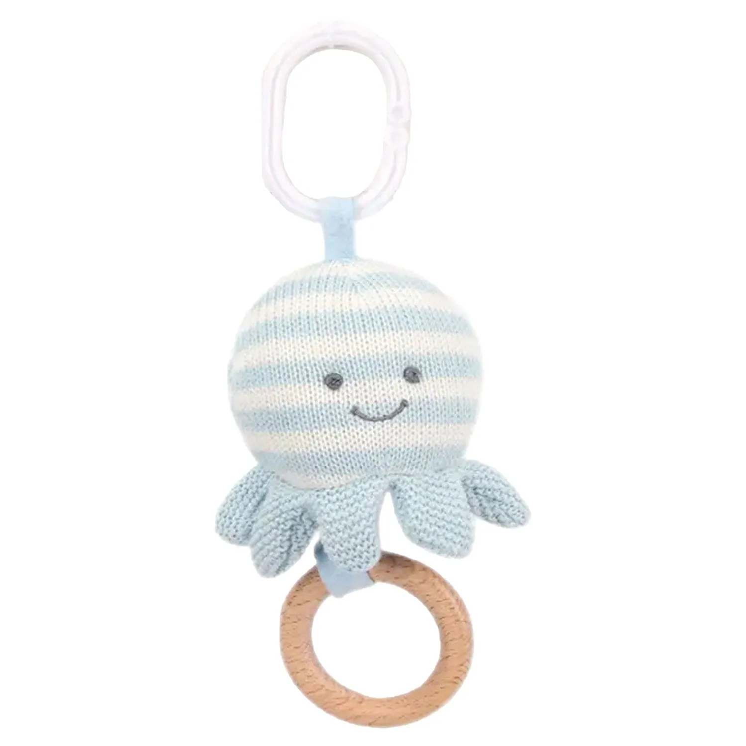 Baby Moo Octopus Wooden Ring Hand Grab Soft Crochet Vibration Pulling Toy - Blue