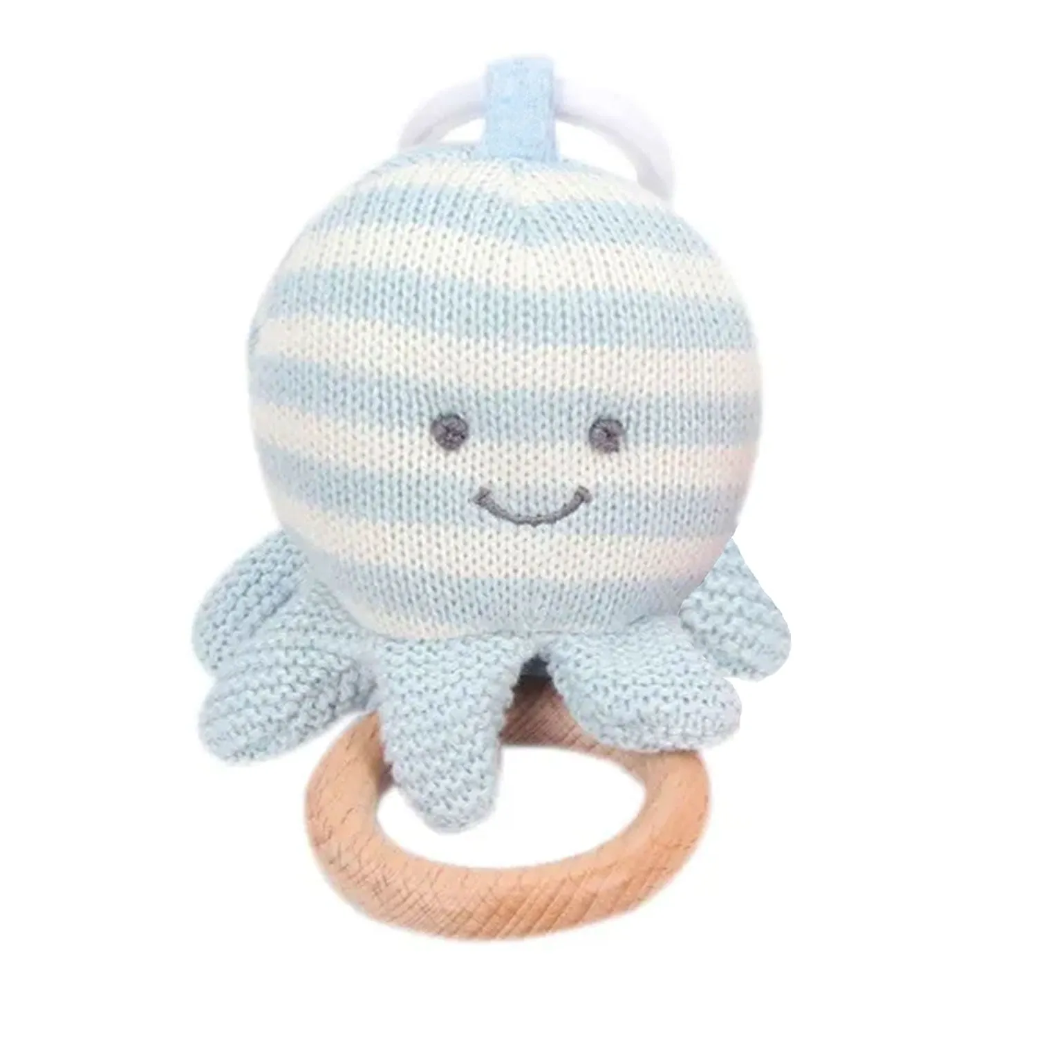 Baby Moo Octopus Wooden Ring Hand Grab Soft Crochet Vibration Pulling Toy - Blue