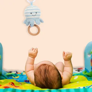 Baby Moo Octopus Wooden Ring Hand Grab Soft Crochet Vibration Pulling Toy - Blue