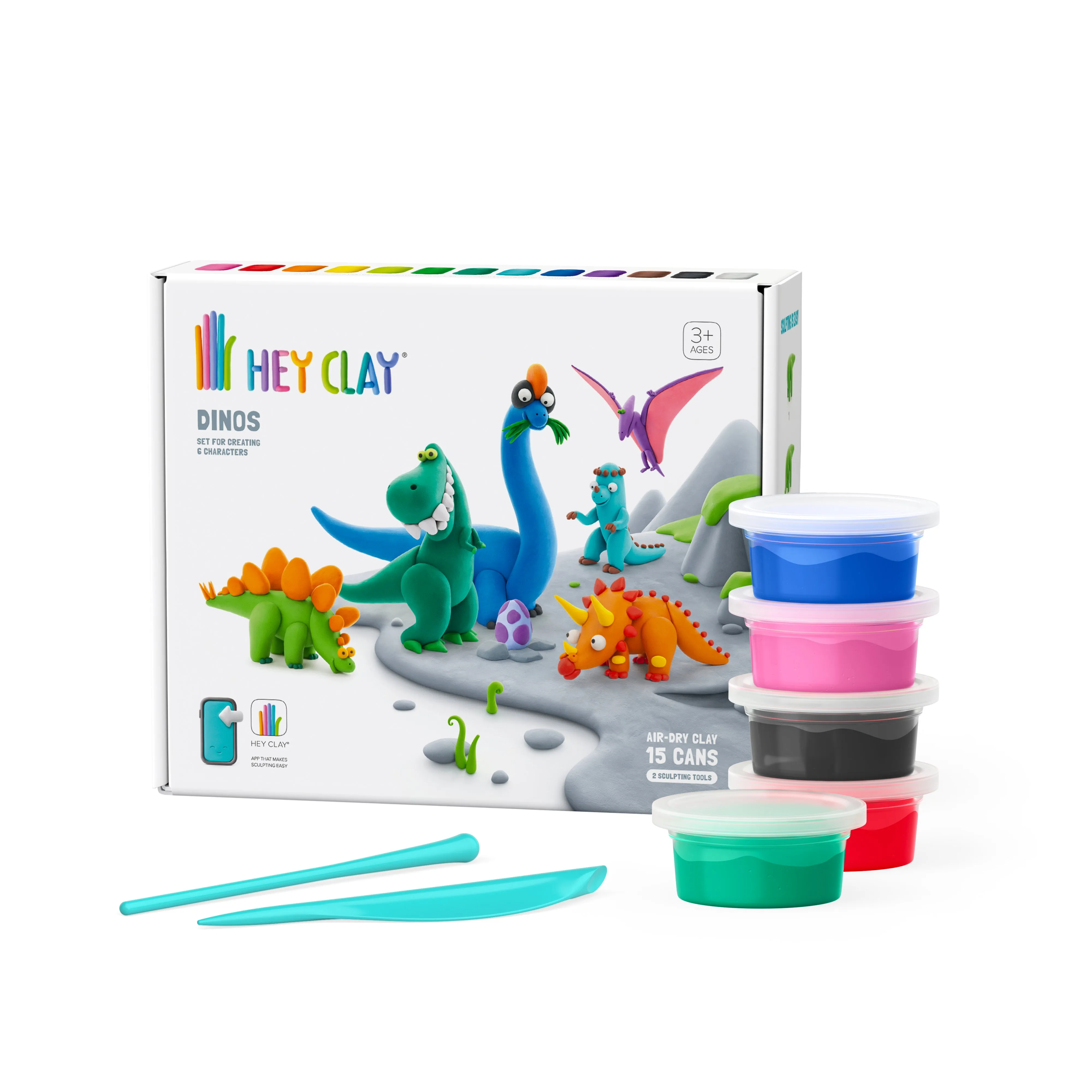 Dinos Set-Colourful Modeling Kids-Air Dry Clay Kit 15 cans and Sculpting Tools with Fun Interactive Instructions App