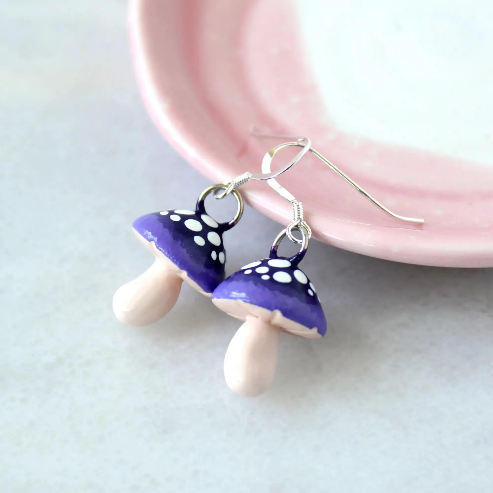 Earrings - Purple Mushroom Drops by Mariposa Miniatures