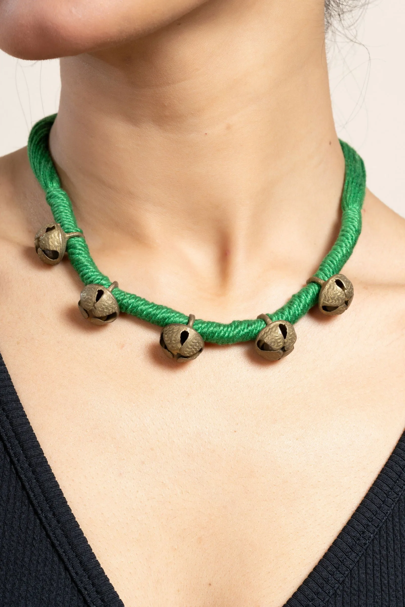 Handmade Green Golden Ghungroo Neckpiece with Adjustable Dori for Women - Unique Lightweight Jewelry