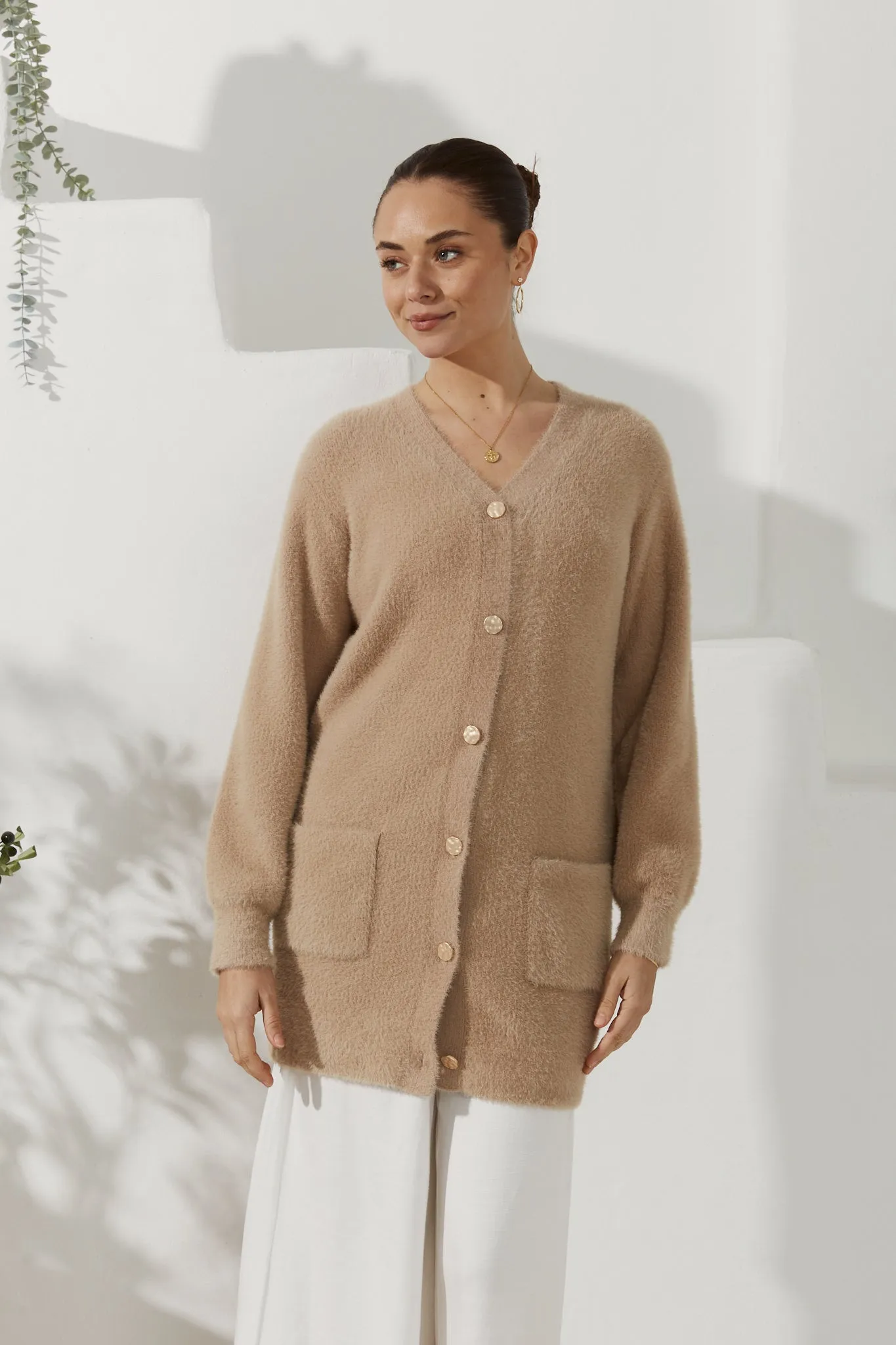 Imogen Beige Longline Fluffy Knit Cardigan