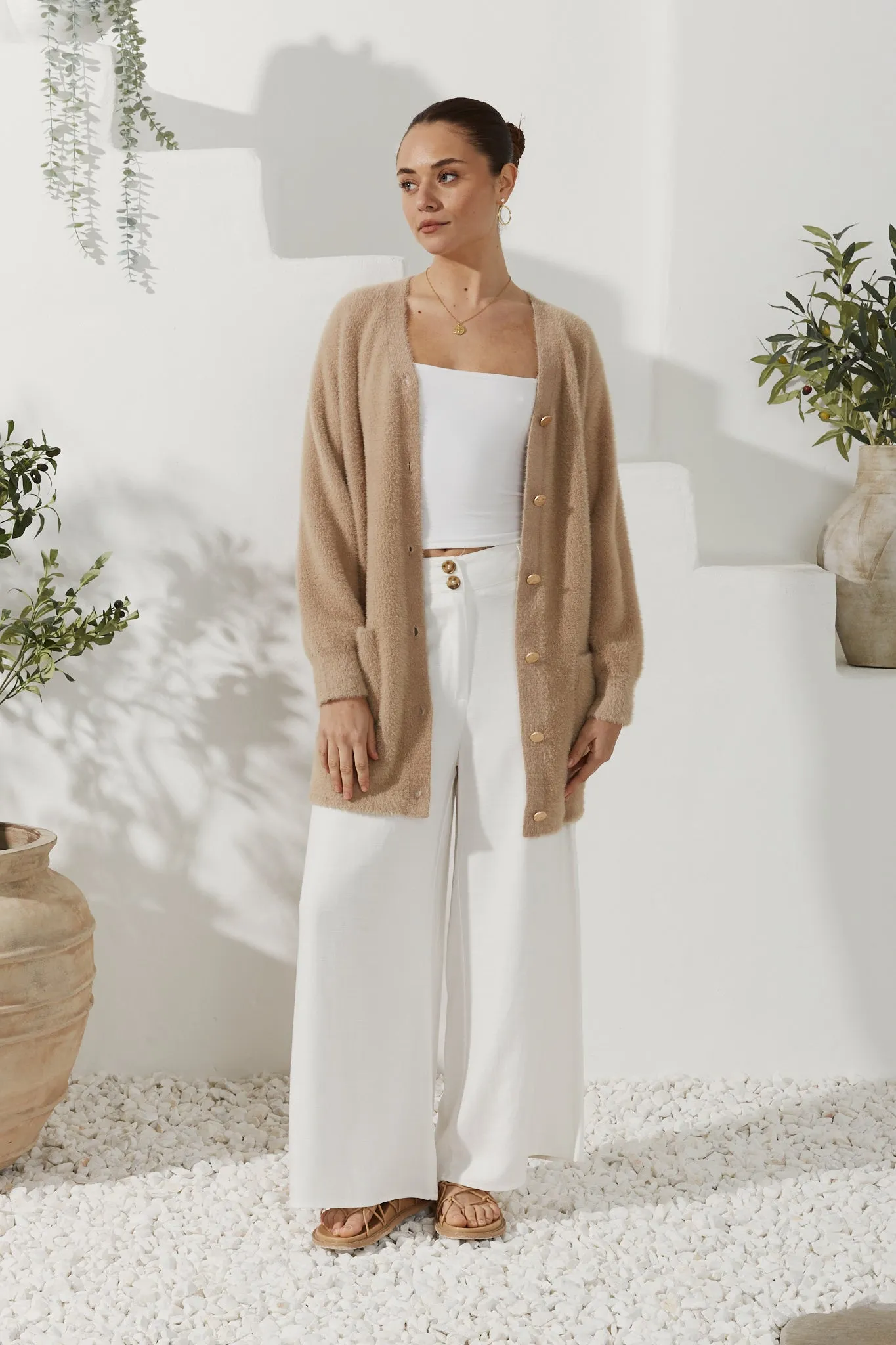 Imogen Beige Longline Fluffy Knit Cardigan