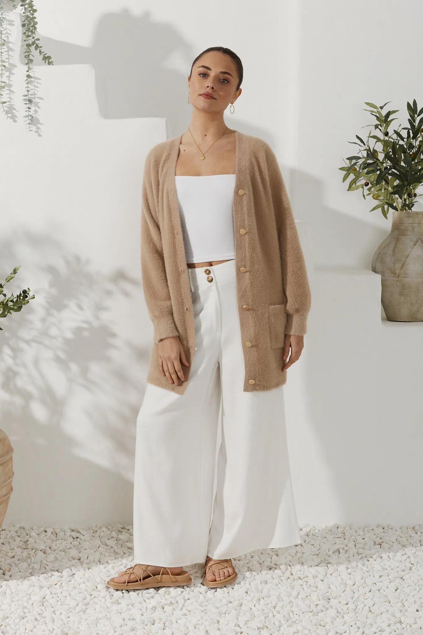 Imogen Beige Longline Fluffy Knit Cardigan