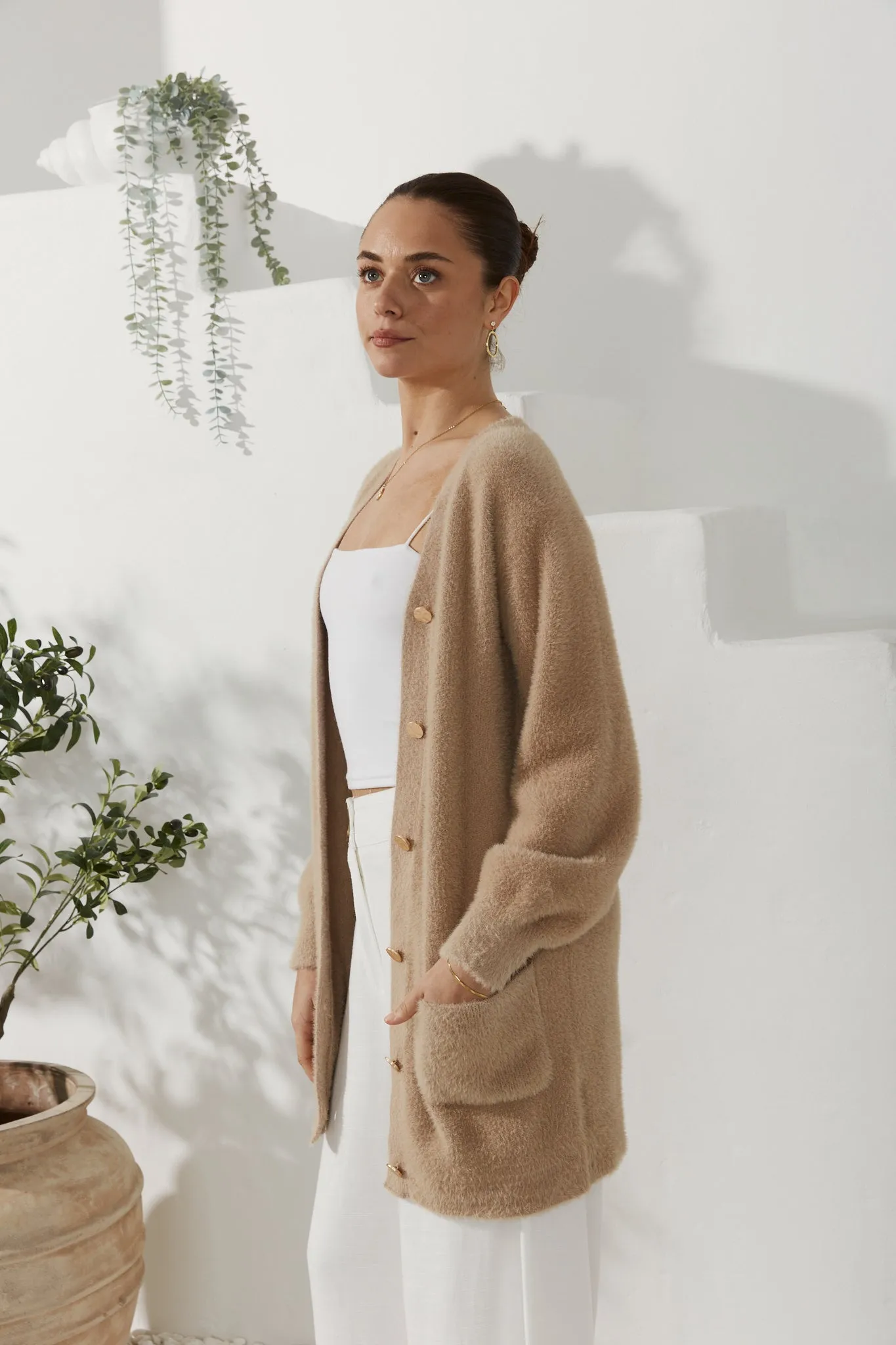 Imogen Beige Longline Fluffy Knit Cardigan