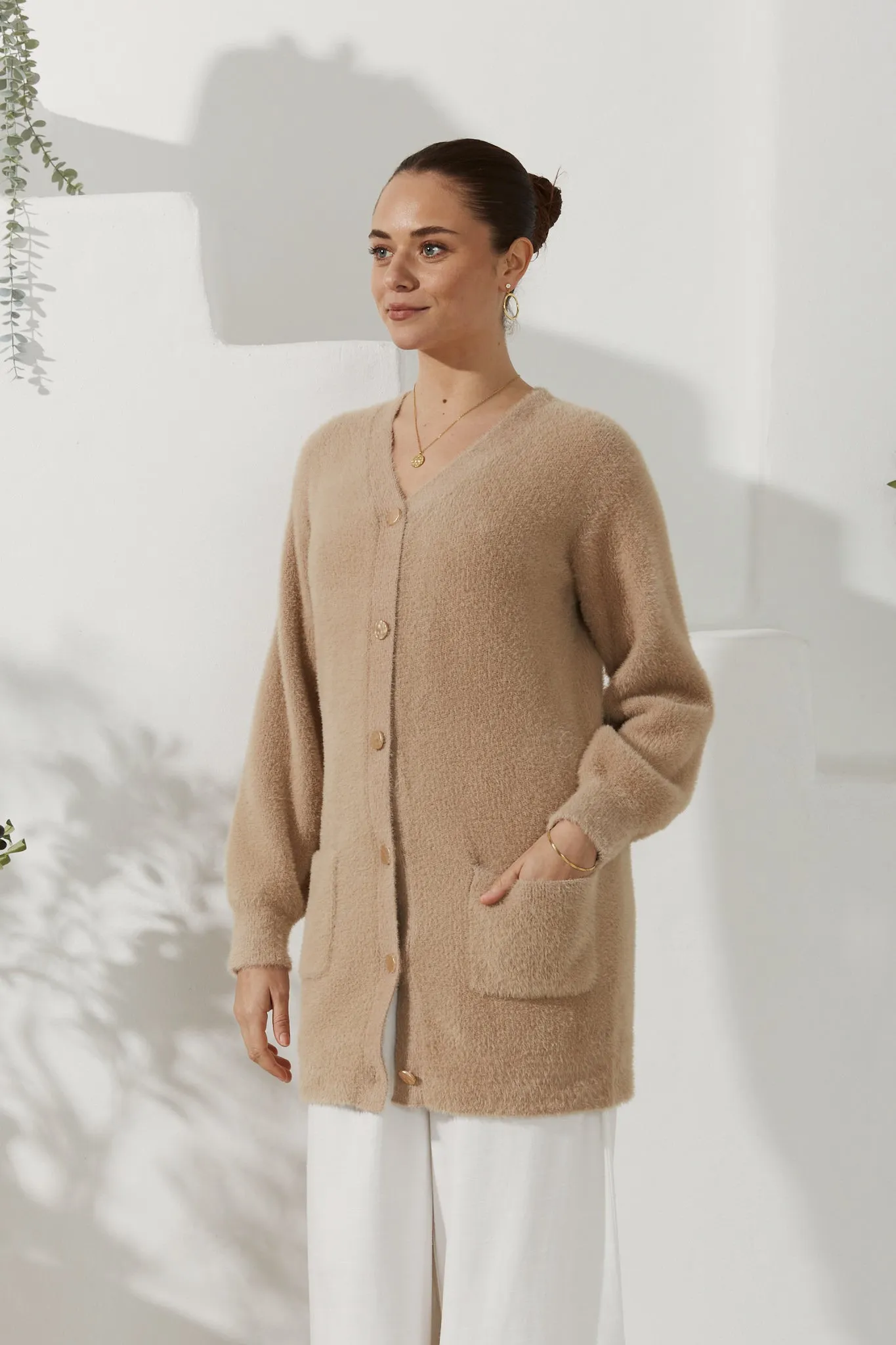 Imogen Beige Longline Fluffy Knit Cardigan