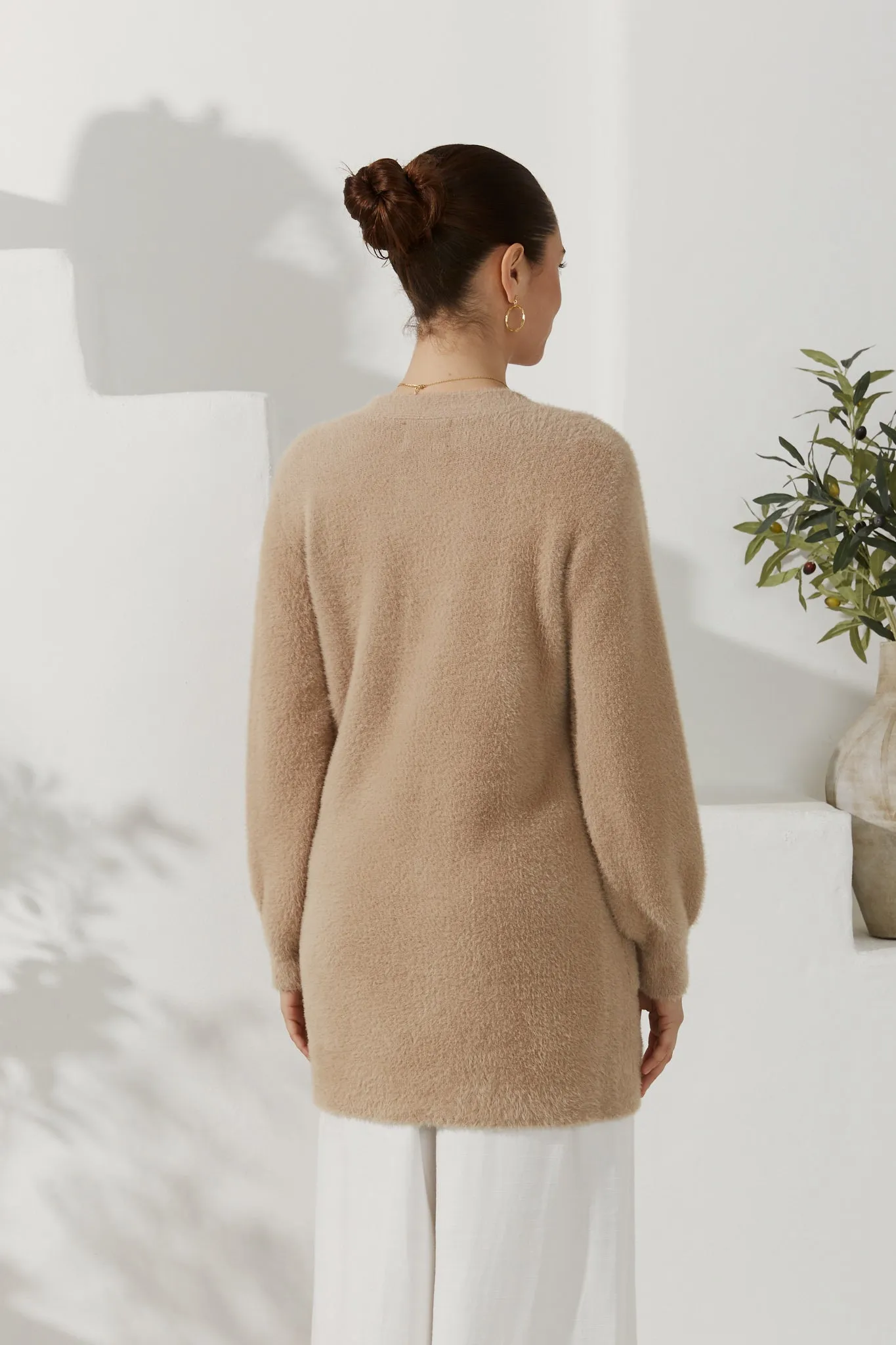 Imogen Beige Longline Fluffy Knit Cardigan