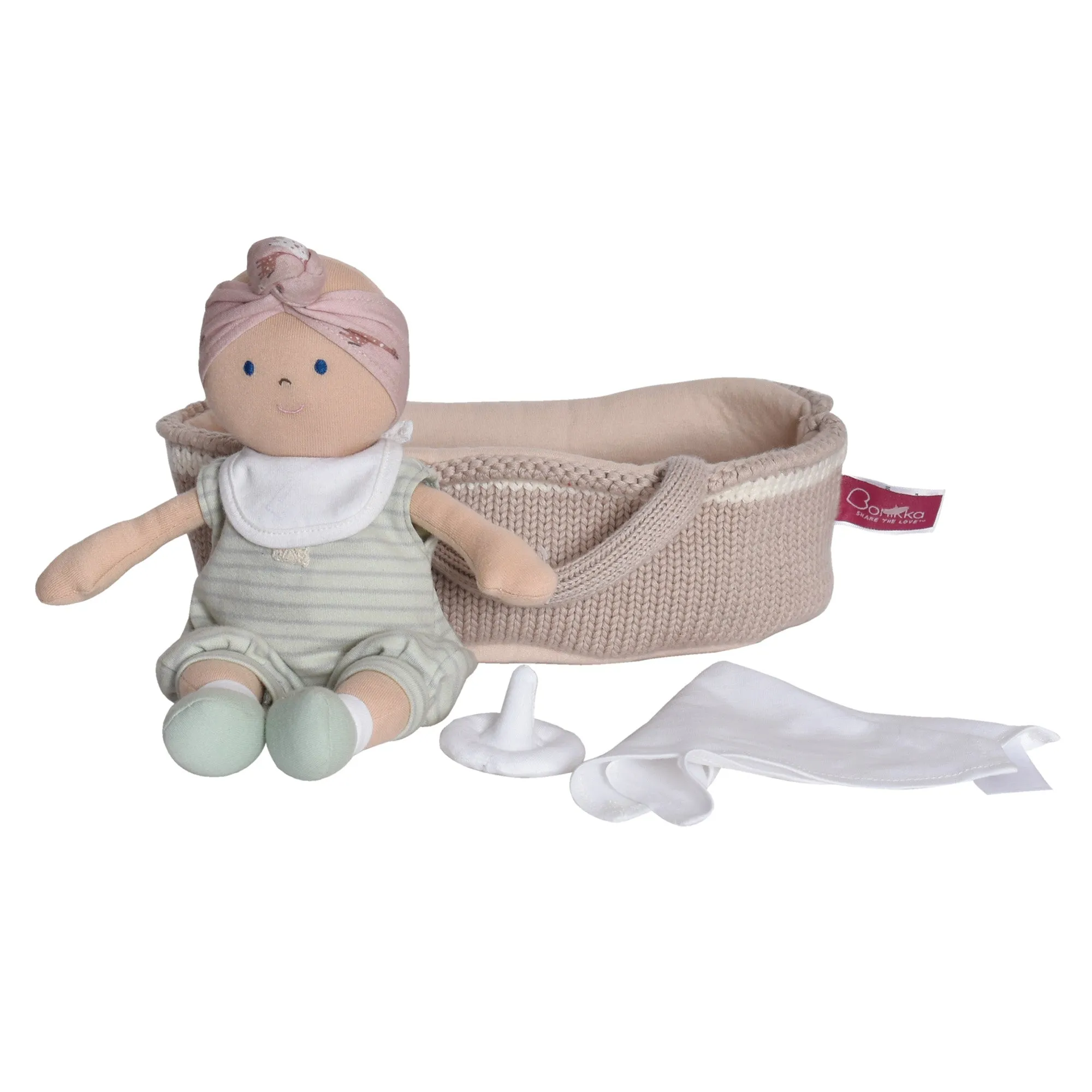 Knitted Carry Cot with Remi Baby, Soother & Blanket