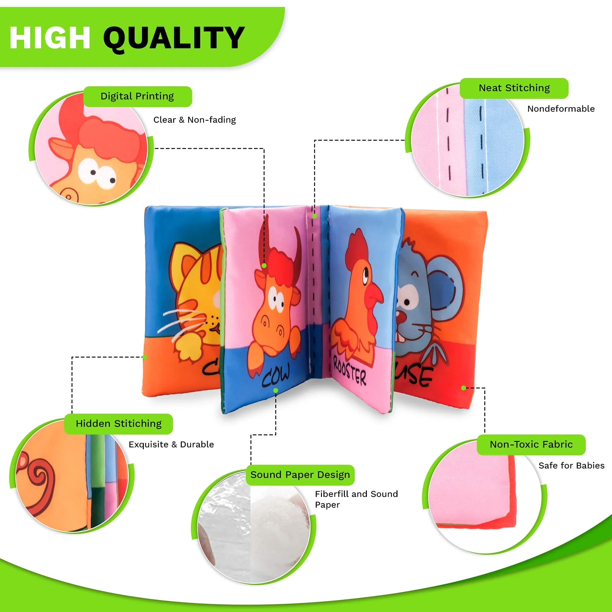 Numbers Animals Shapes Colours Food Occupations Baby Educational Cloth Book with Sound Paper Set of 6 - Multicolour