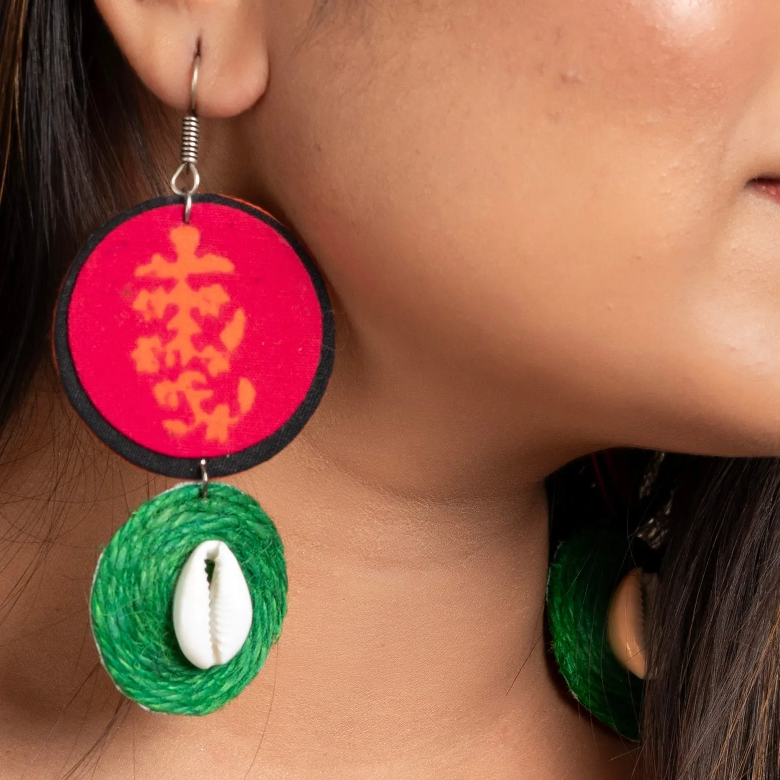 Unique Design Pink Block Print Fabric with Green Jute Cowrie Earrings