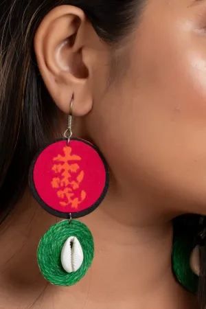 Unique Design Pink Block Print Fabric with Green Jute Cowrie Earrings
