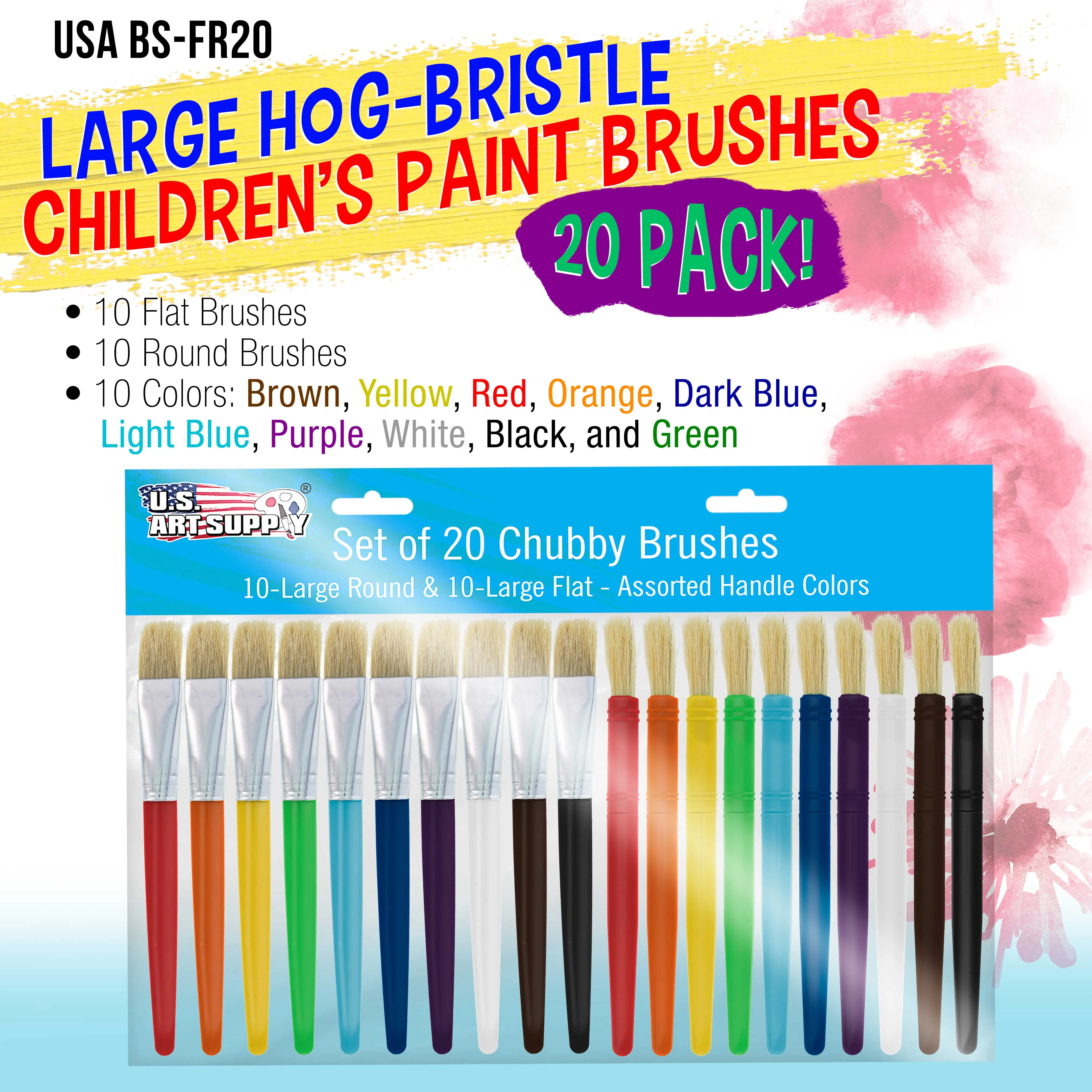 U.S. Art Supply 20-Piece Large Round and Flat Children's Hog Bristle Tempera Paint Brush Set - Fun Kid's Party, School, Student, Class Craft Painting